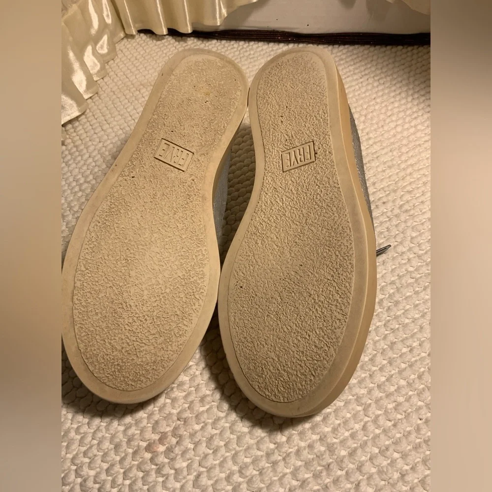 Frye Silver Leather Zip-Front Slip-On Sneakers with Tan Platform Lena